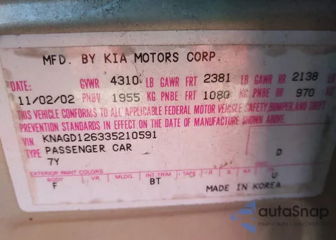 2003 Kia Optima Lx/Se из США, поврежденный, VIN KNAGD126335210591